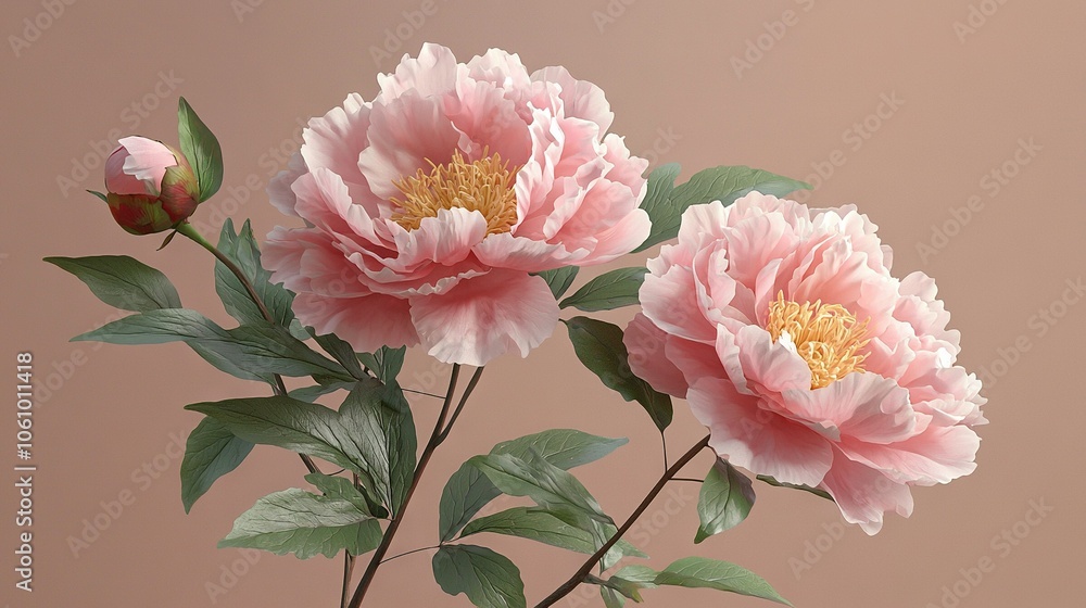 A few pink blooms rest atop a green foliage limb against a pale pink backdrop A few pink blooms rest atop a green foliage limb against a pale pink backdrop