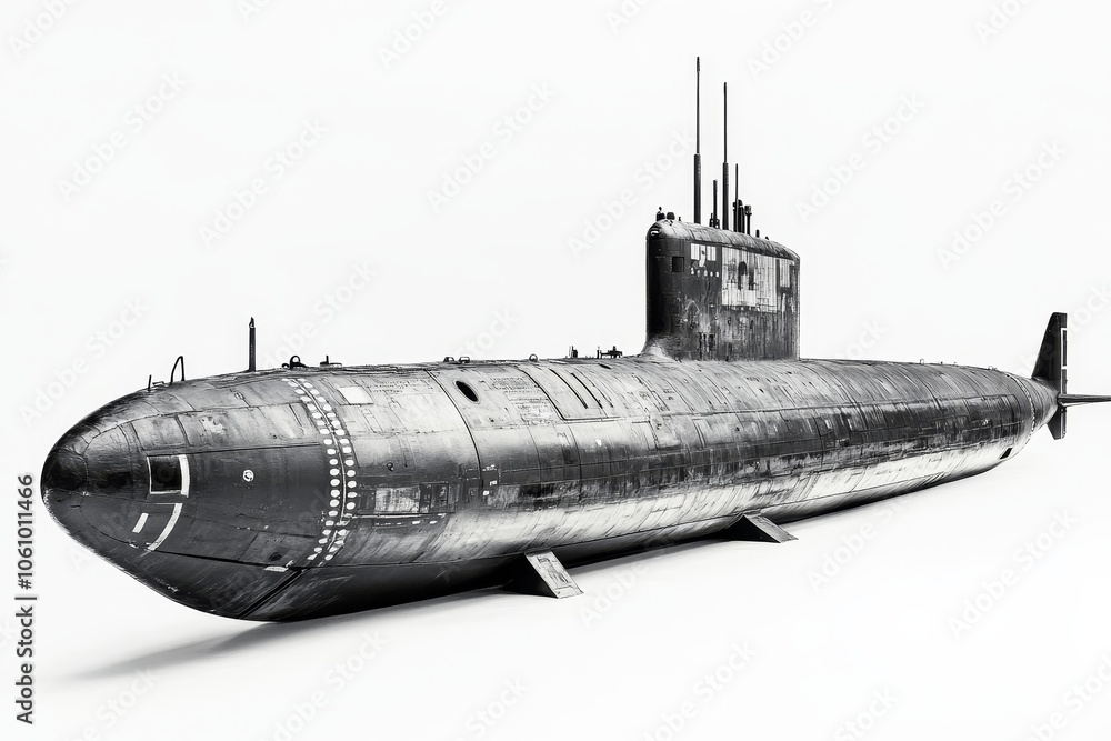 A Soviet K-19 submarine, a symbol of Cold War maritime power, sits on a white background. This black and white photo captures its imposing presence. The submarine is a powerful symbol of underwater wa A Soviet K-19 submarine, a symbol of Cold War maritime power, sits on a white background. This black and white photo captures its imposing presence. The submarine is a powerful symbol of underwater wa