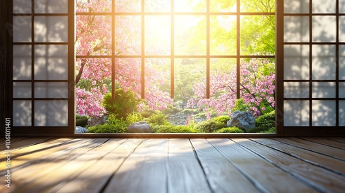 Traditional Japanese Room with Spring Blossoms. AI generated illustration