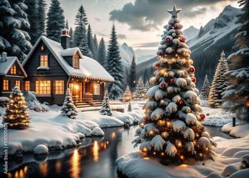 Magical winter snow fall and city lights. blurred background city.