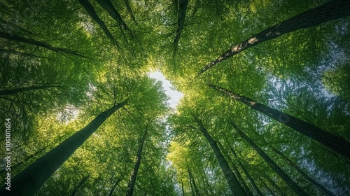 Serene Canopy of Tall Trees in Spring. AI generated illustration