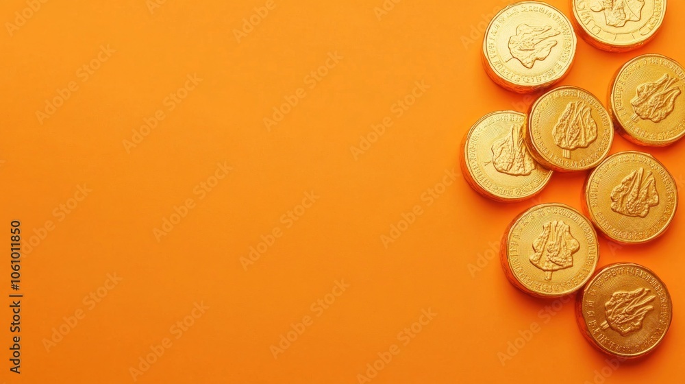 Gold-Wrapped Chocolates with Tree Designs on Orange Background Gold-Wrapped Chocolates with Tree Designs on Orange Background