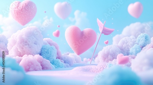 Dreamy Pink Hearts Floating Among Clouds with Cupid's Arrow in Soft Pastel Colors