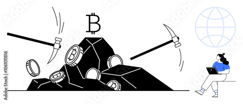 Bitcoin symbols on coins mined from rocks by pickaxes, person seated with laptop next to globe. Ideal for blockchain concepts, cryptocurrency education, digital economies, investment visuals, virtual