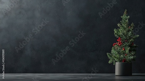 A small Christmas tree in a pot, adorned with red berries and placed against a dark wall, adds a festive touch to any room