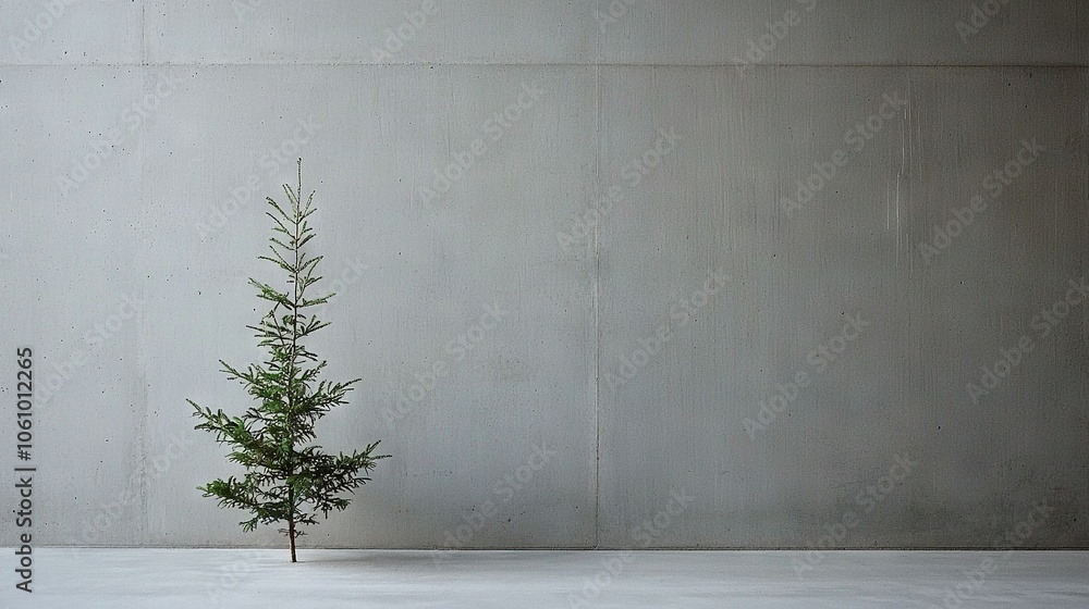 A small pine tree in front of a concrete wall with a plant in the center A small pine tree in front of a concrete wall with a plant in the center