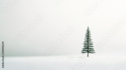  Lone pine amidst snow-covered field during a foggy day