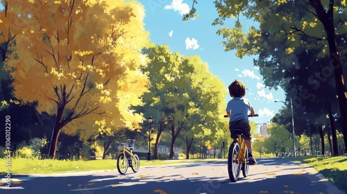 A Child Riding a Bicycle Through a Sunlit Park