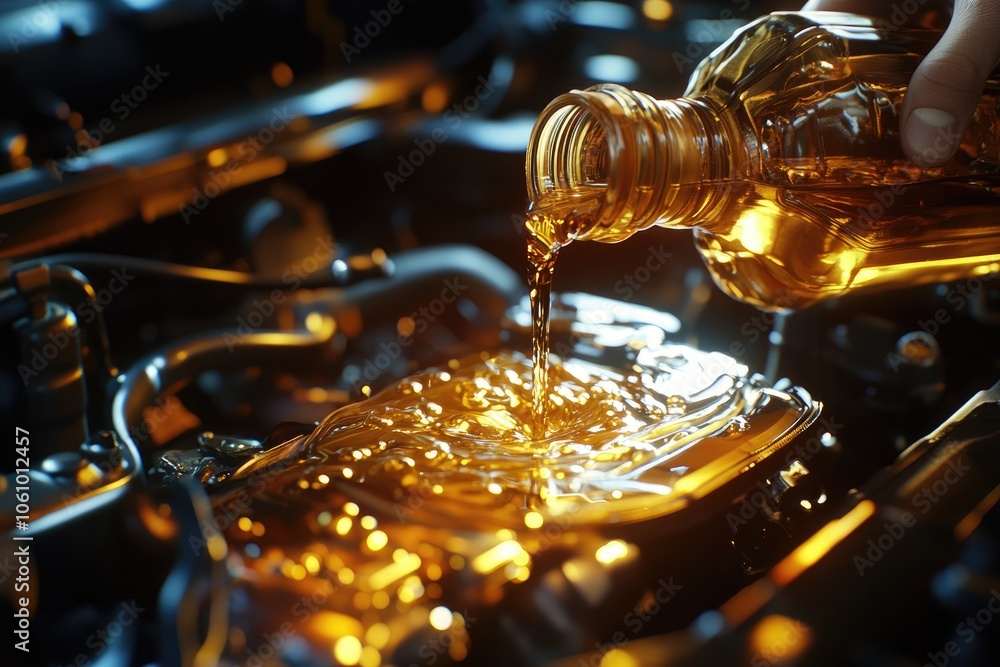 Golden Engine Oil Pouring into Vehicle Engine for Optimal Performance Golden Engine Oil Pouring into Vehicle Engine for Optimal Performance