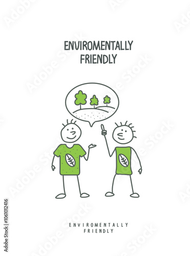 Vector hand drawn cartoon sketch of two men in a conversation about planting trees. Environmentally friendly planet concept.Think Green. 