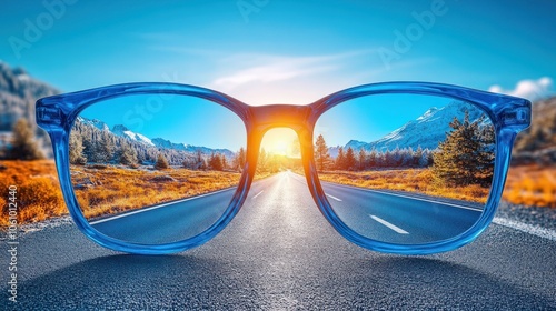 Blue glasses frame a scenic road leading towards a bright sunrise with mountains in the background.