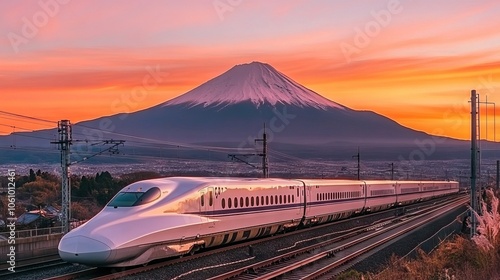 N700 Shinkansen Bullet Train with Mount Fuji at Sunset. AI generated illustration