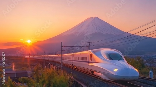 N700 Shinkansen Bullet Train with Mount Fuji at Sunset. AI generated illustration