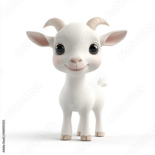 A cheerful, white baby goat stands with a friendly smile on a bright white background, emphasizing its innocent and playful nature