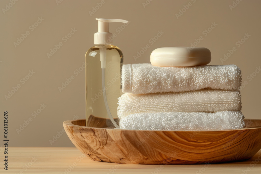 Cosmetic product liquid soap and white round soap bars, towel stack on wooden plate, studio picture with light brown background Cosmetic product liquid soap and white round soap bars, towel stack on wooden plate, studio picture with light brown background