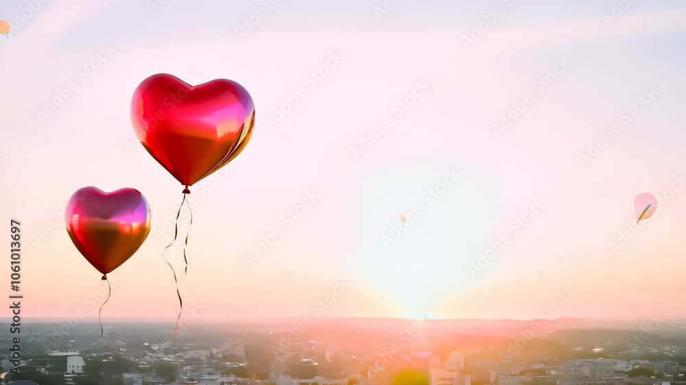 Floating heart-shaped balloons against a sunset sky, creating a dreamy and loving ambiance Floating heart-shaped balloons against a sunset sky, creating a dreamy and loving ambiance