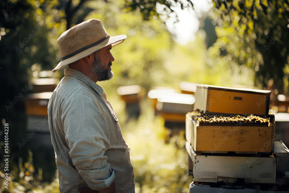 Beekeeper Checking Bees in a Tranquil Countryside Beekeeper Checking Bees in a Tranquil Countryside