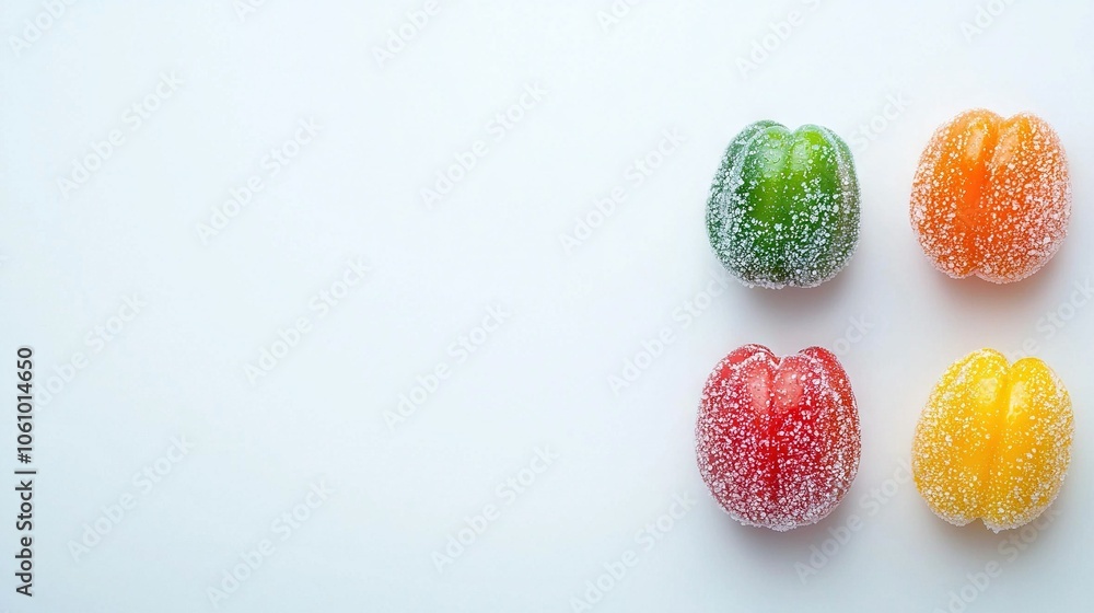 A quartet of candies sits atop a white surface with frosting covering them A quartet of candies sits atop a white surface with frosting covering them