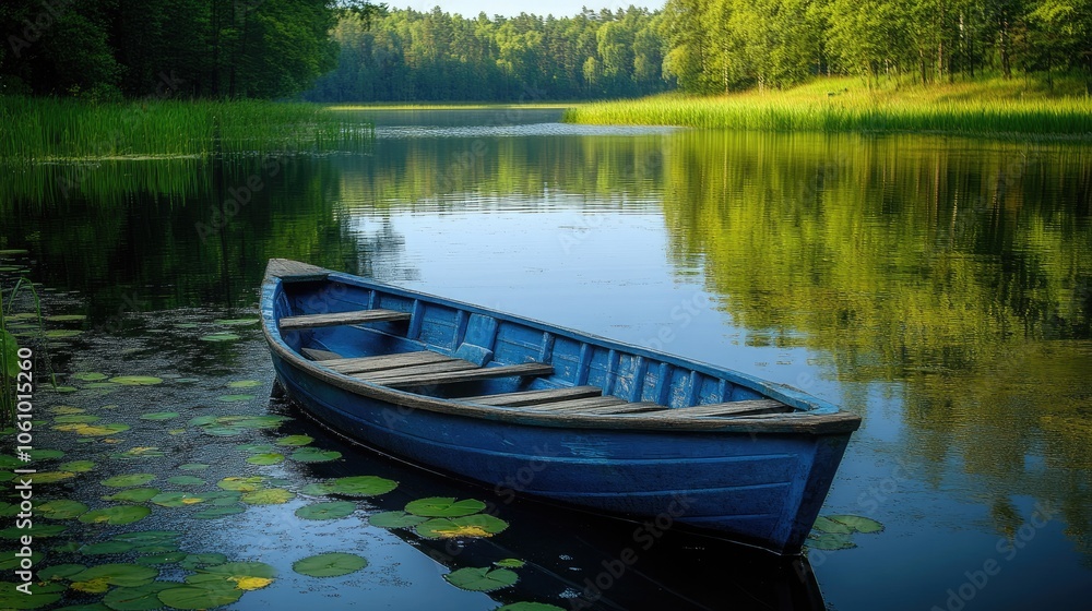 Serene Blue Boat on Tranquil Lake with Lush Green Reflections in Summer Serene Blue Boat on Tranquil Lake with Lush Green Reflections in Summer