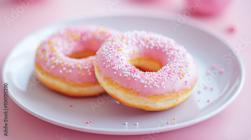 Plate of pink glazed donuts with sprinkles on pastel pink background, concept of sweet dessert, bakery, indulgence, and delicious sugary snack