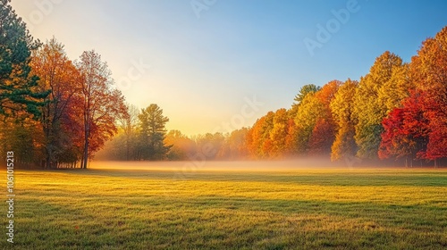 An open field with colorful trees basking in the warm glow of sunset, with soft fog rolling in to add depth and mystery to the scene.