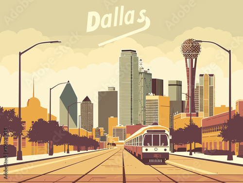 Colorful cityscape of Dallas. The city is full of buildings and cars