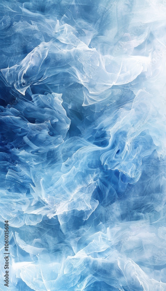 Icy Abstract Background: Swirling Blue and White Snowdrifts with Frost Crystal Patterns Icy Abstract Background: Swirling Blue and White Snowdrifts with Frost Crystal Patterns