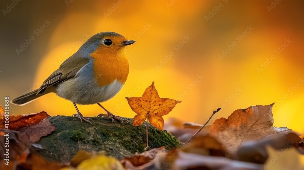 A robin perched on a rock with a fallen leaf beside it, surrounded by autumn leaves. A robin perched on a rock with a fallen leaf beside it, surrounded by autumn leaves.