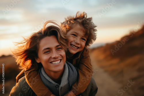 Mother Giving a Joyful Piggyback Ride to Her Child Outdoors