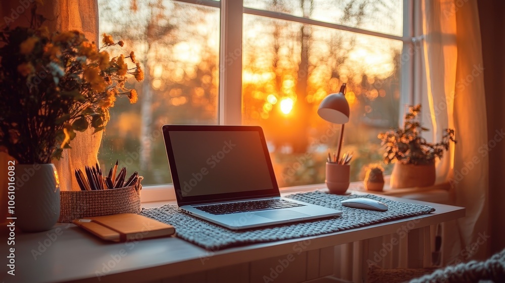 Stylish Home Office Setup by the Window at Sunset Stylish Home Office Setup by the Window at Sunset