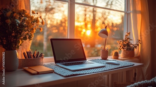 Stylish Home Office Setup by the Window at Sunset