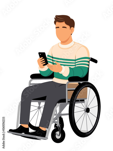 Young disabled man vector illustration isolated on transparent background. Guy with special needs,  sitting in wheelchair, holding mobile phone.