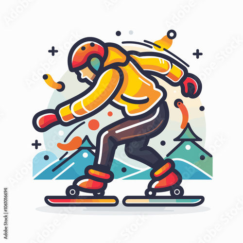 Man in a yellow jacket is snowboarding down a mountain. The image has a bright and energetic mood, with the man's bright clothing and the snowboarding action