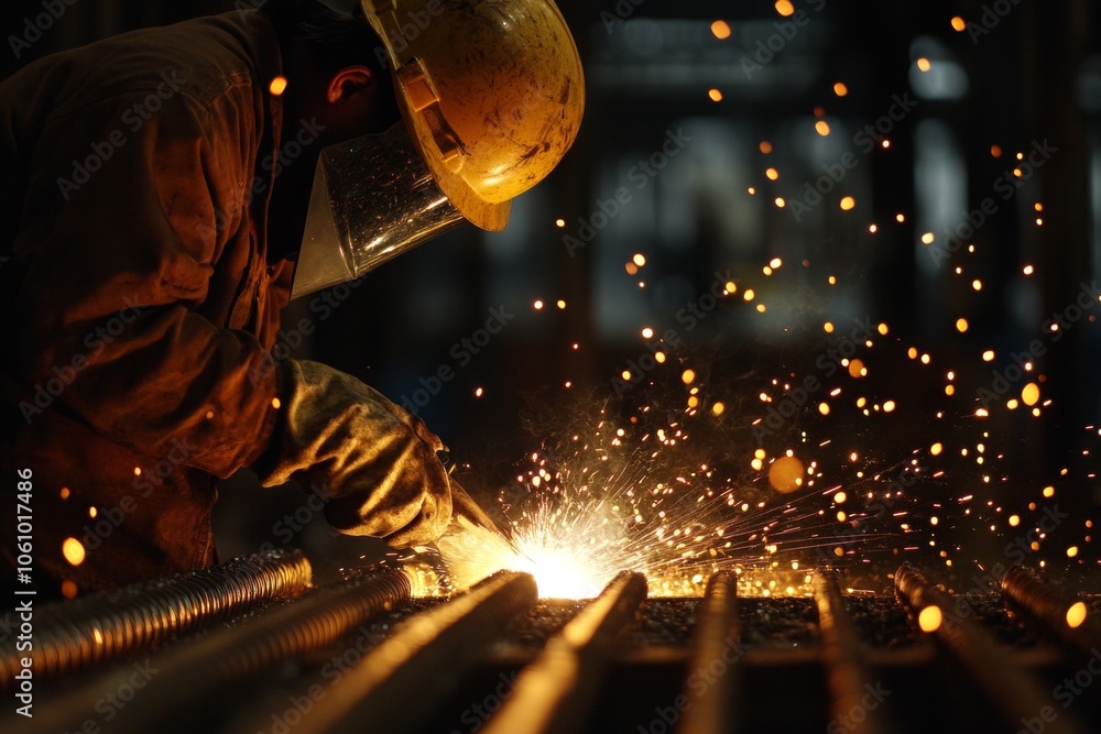 Industrial worker welding metal and producing sparks in a dark environment Industrial worker welding metal and producing sparks in a dark environment