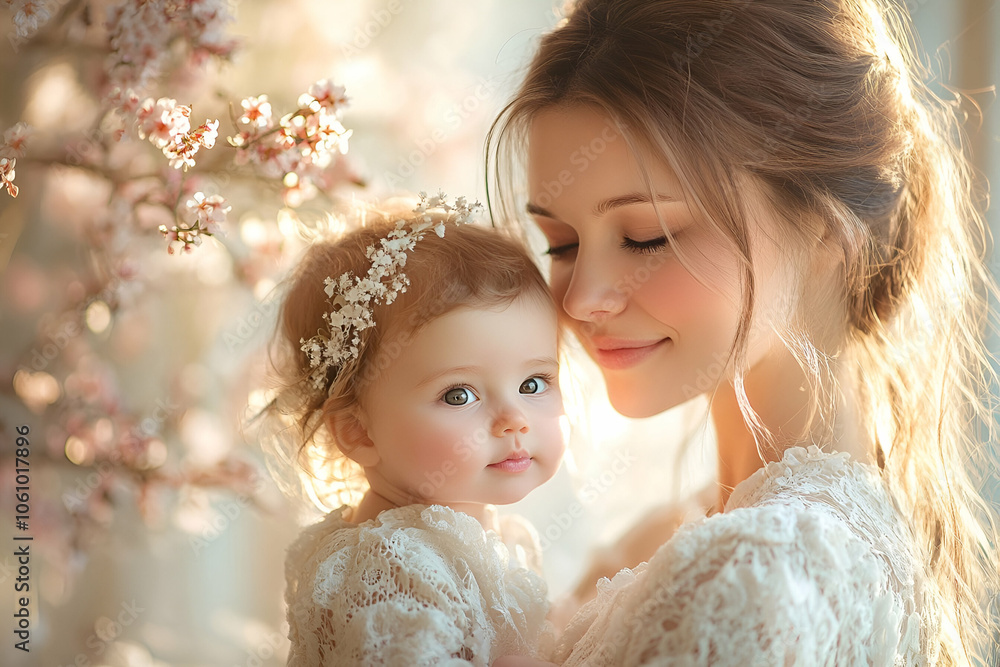 A tender moment between a mother and her baby, surrounded by soft pastel hues and delicate floral accents, capturing love and warmth. A tender moment between a mother and her baby, surrounded by soft pastel hues and delicate floral accents, capturing love and warmth.