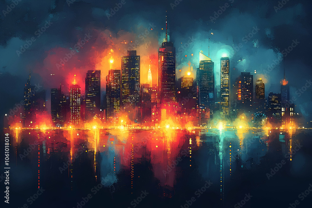 Fototapeta premium A vibrant city skyline illuminated by colorful lights, reflected in the water, creating a captivating nighttime scene.