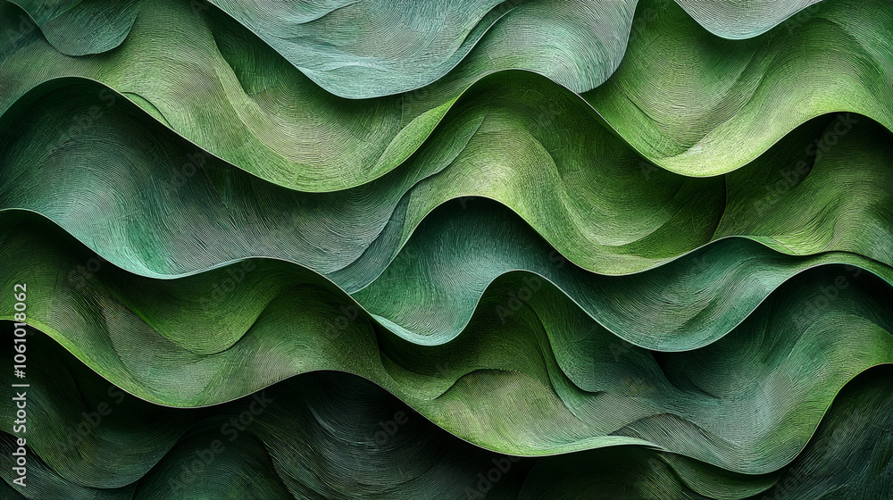 A hyper-detailed, high-contrast 3D rendering of abstract grass waves in green and gray tones. Generative AI