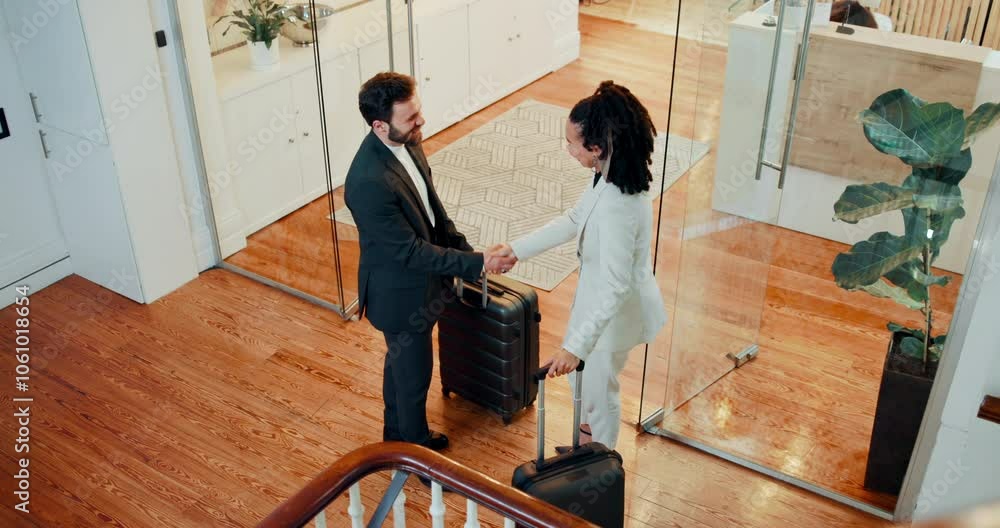 Above business people, meeting and handshake in hotel for networking, introduction and welcome or collaboration. Conference, seminar and employee shaking hands for deal, partnership or agreement Above business people, meeting and handshake in hotel for networking, introduction and welcome or collaboration. Conference, seminar and employee shaking hands for deal, partnership or agreement