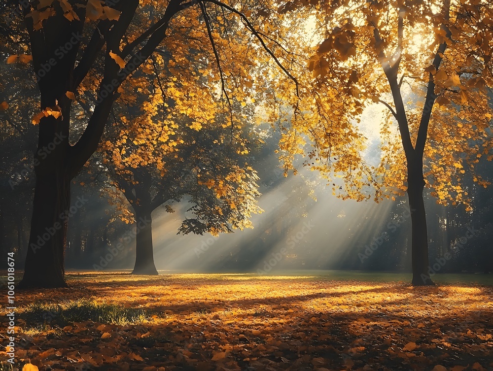 Fototapeta premium Bright autumn trees in a park with sunbeams breaking through