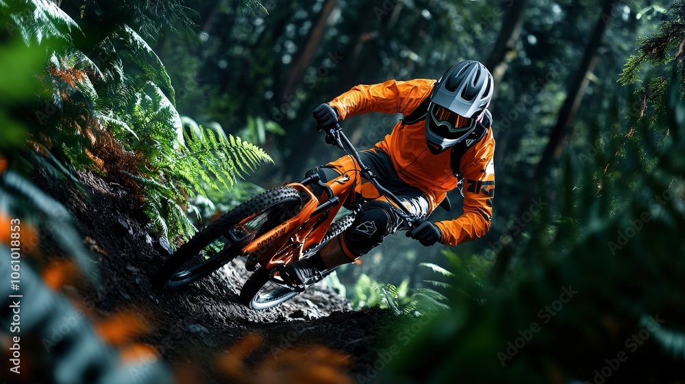 Adventurous Mountain Biker on a Forest Trail Adventurous Mountain Biker on a Forest Trail