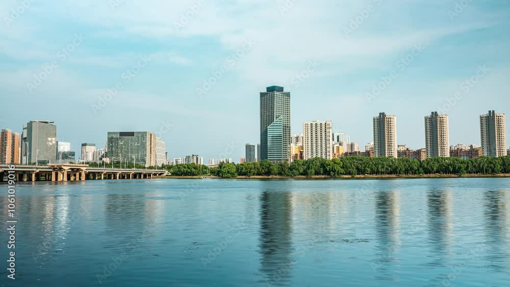 Cityscape beautiful Shenyang Hun River scenery blue sky and white clouds time lapse Cityscape beautiful Shenyang Hun River scenery blue sky and white clouds time lapse