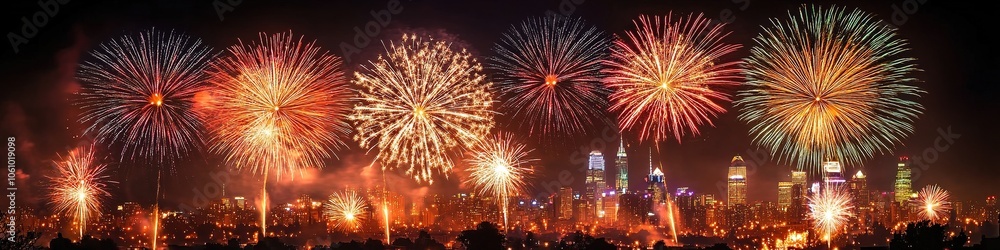 Night city skyline with vibrant fireworks display Night city skyline with vibrant fireworks display