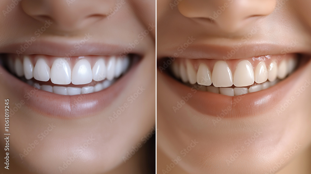 Fototapeta premium Before and after teeth whitening comparison close-up, showcasing dental health, cosmetic improvement, bright smile, and concept of oral hygiene and care