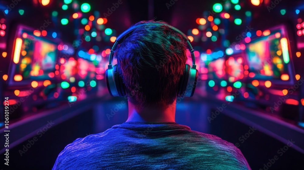 Intense Gamer Focus in a Neon-lit Room Intense Gamer Focus in a Neon-lit Room