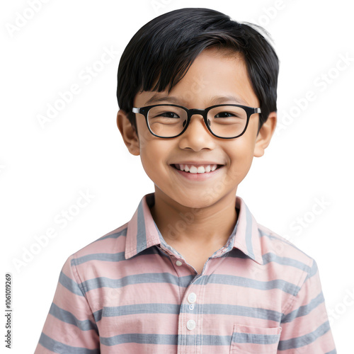 Close-up portrait of a smiling boy with glasses and a happy expression, isolated on transparent background