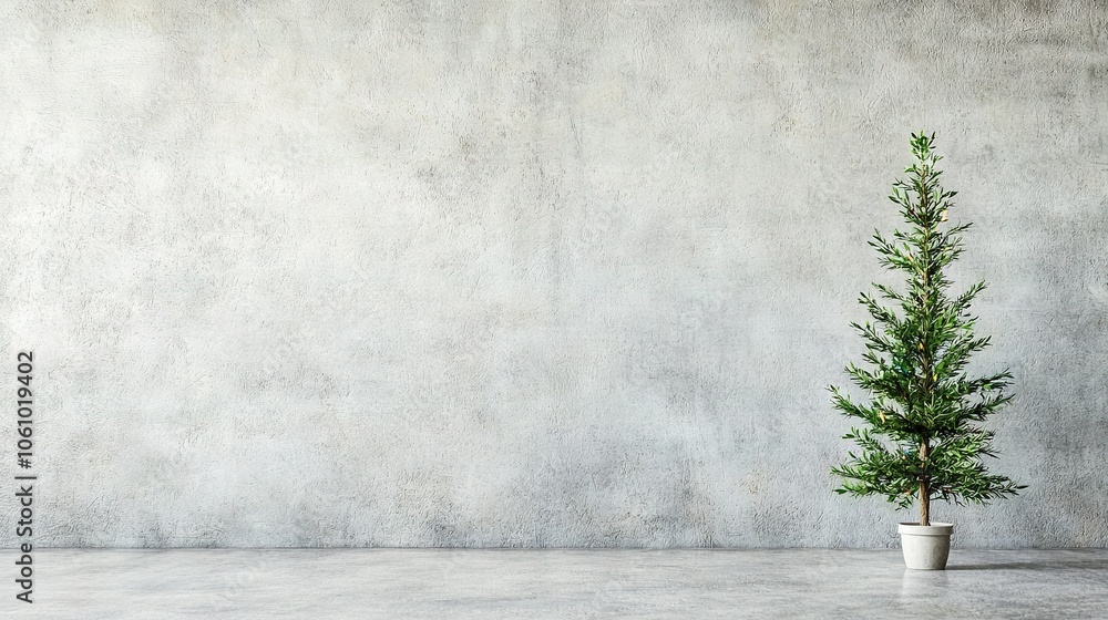 A small pine tree in a white pot on a concrete floor in front of a solid concrete wall behind it A small pine tree in a white pot on a concrete floor in front of a solid concrete wall behind it
