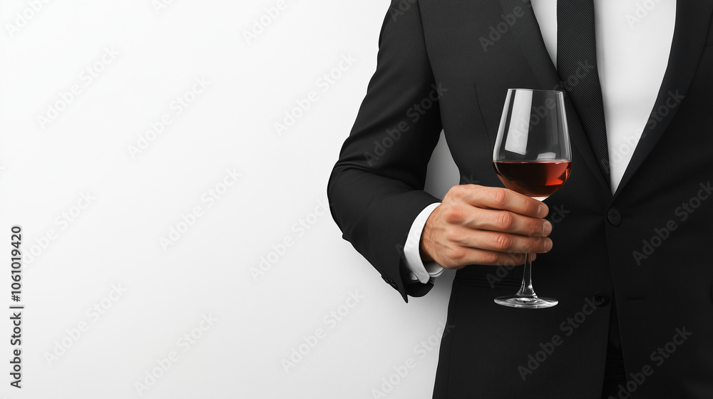businessman in suit holding glass of wine in his hand. white wall background. close up businessman in suit holding glass of wine in his hand. white wall background. close up