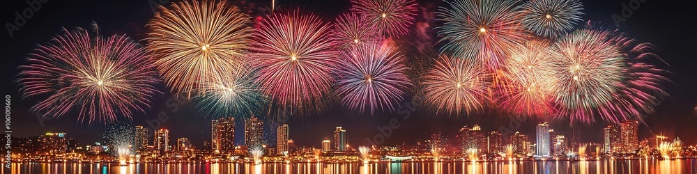 Fototapeta premium Colorful fireworks display over city skyline at night