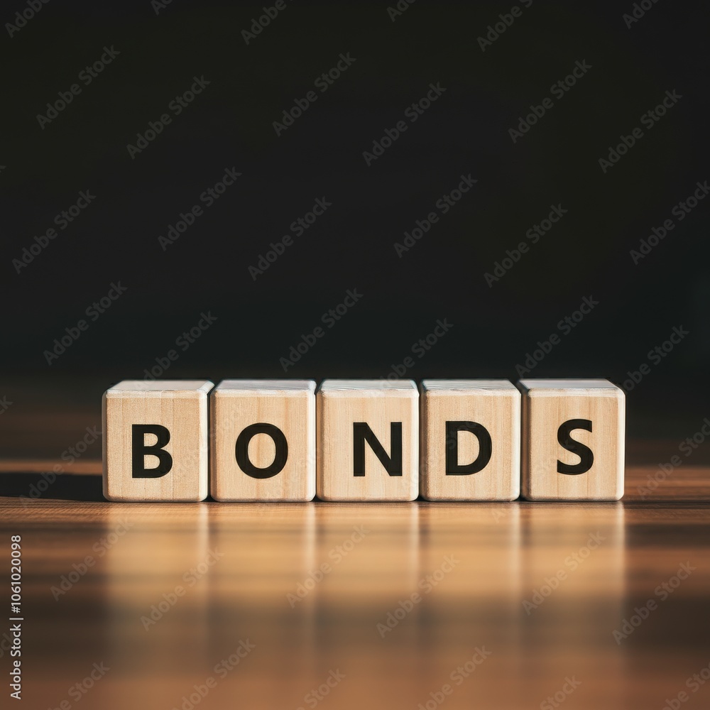 Wooden blocks spelling the word BONDS, concept of financial investments, market securities, and long-term stability displayed on polished wooden surface Wooden blocks spelling the word BONDS, concept of financial investments, market securities, and long-term stability displayed on polished wooden surface