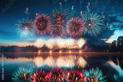 Colorful fireworks display reflected over water photo